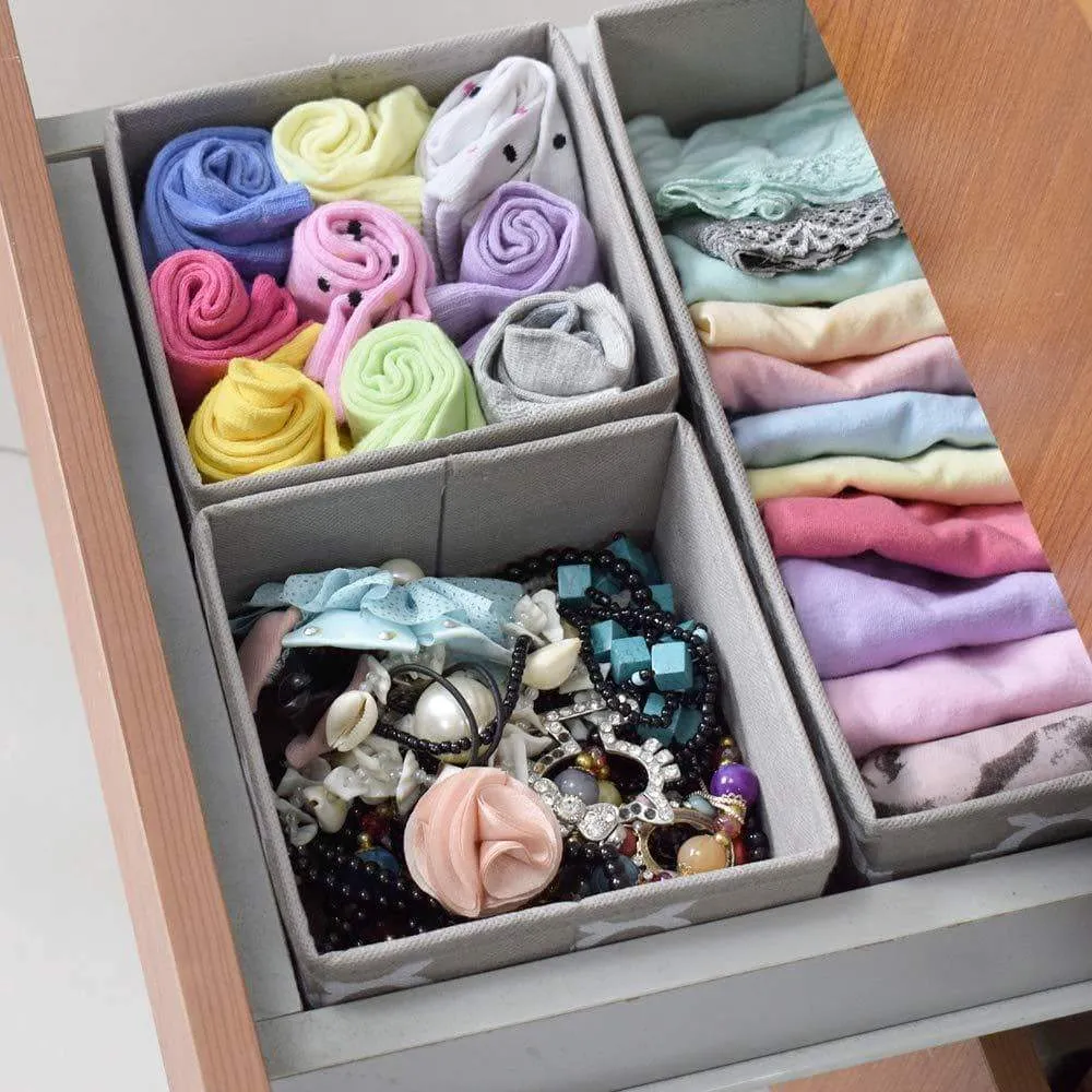Foldable Cloth Storage Box Closet Dresser Drawer Organizer Cube Basket Bins Containers Divider with Drawers for Underwear, Bras, Socks, Ties, Scarves, Set of 6 Light Coffee with White Lantern Pattern