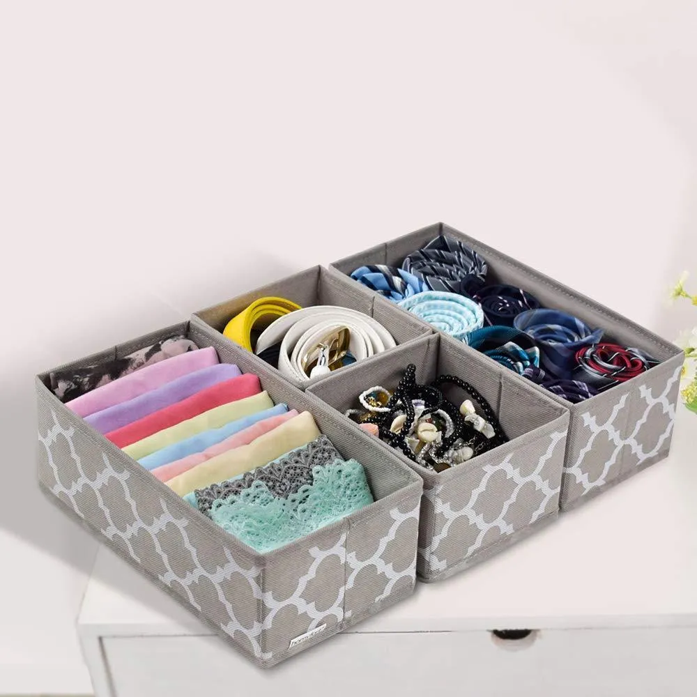 Foldable Cloth Storage Box Closet Dresser Drawer Organizer Cube Basket Bins Containers Divider with Drawers for Underwear, Bras, Socks, Ties, Scarves, Set of 6 Light Coffee with White Lantern Pattern