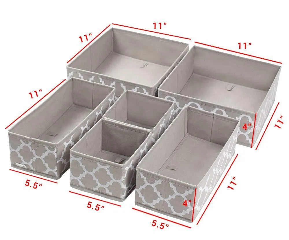 Foldable Cloth Storage Box Closet Dresser Drawer Organizer Cube Basket Bins Containers Divider with Drawers for Underwear, Bras, Socks, Ties, Scarves, Set of 6 Light Coffee with White Lantern Pattern