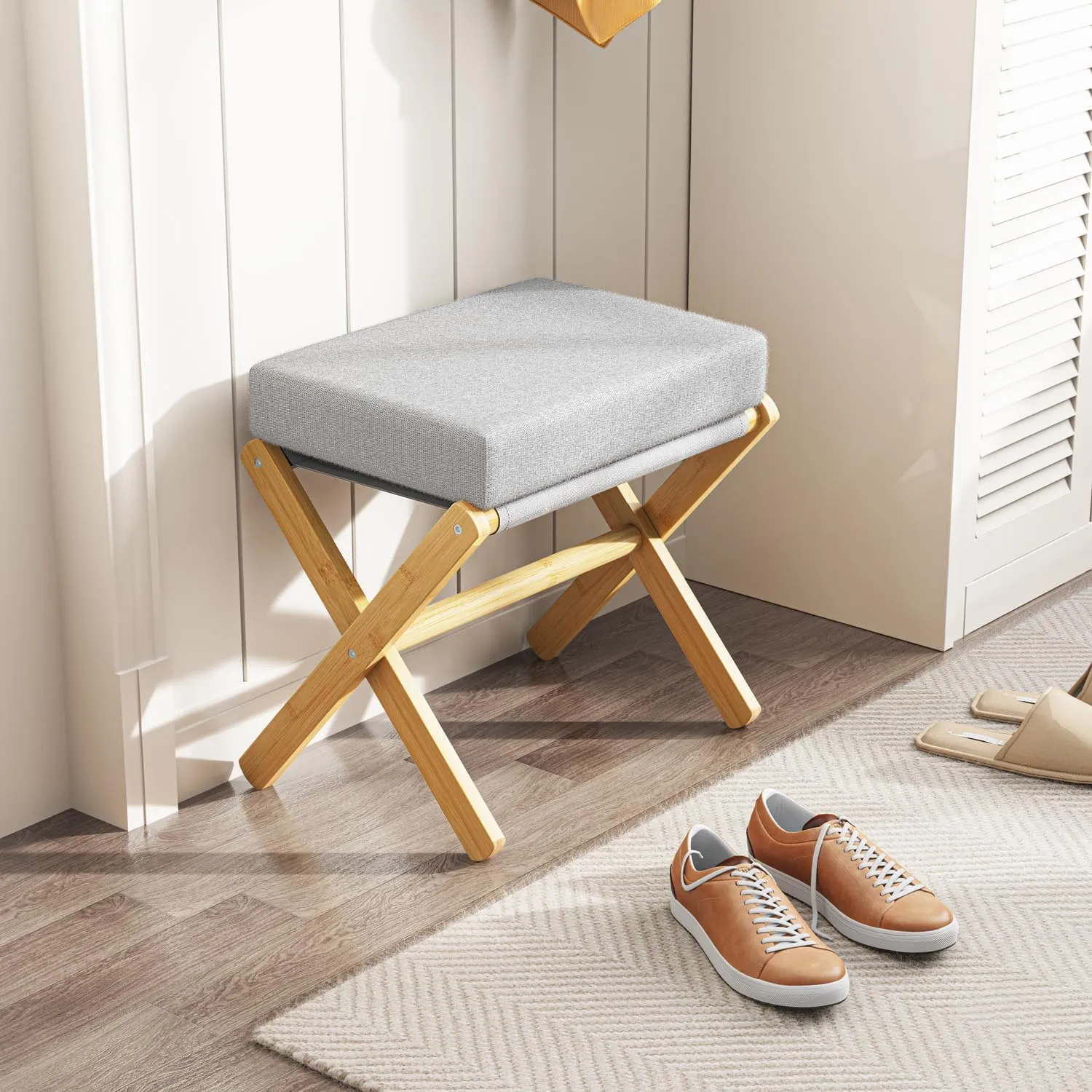 Foldable Foot Stool Ottoman, Modern Foot Rest with Bamboo X Legs & Thick Foam Cushion, Folding Foot Stools Small Padded for Bedroom Living Room, Makeup Vanity Stool Chair (Natural - Grey)