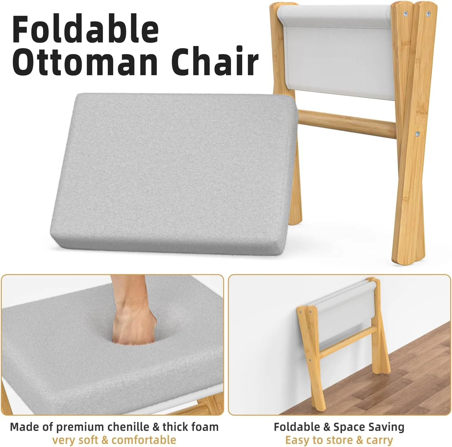 Foldable Foot Stool Ottoman, Modern Foot Rest with Bamboo X Legs & Thick Foam Cushion, Folding Foot Stools Small Padded for Bedroom Living Room, Makeup Vanity Stool Chair (Natural - Grey)