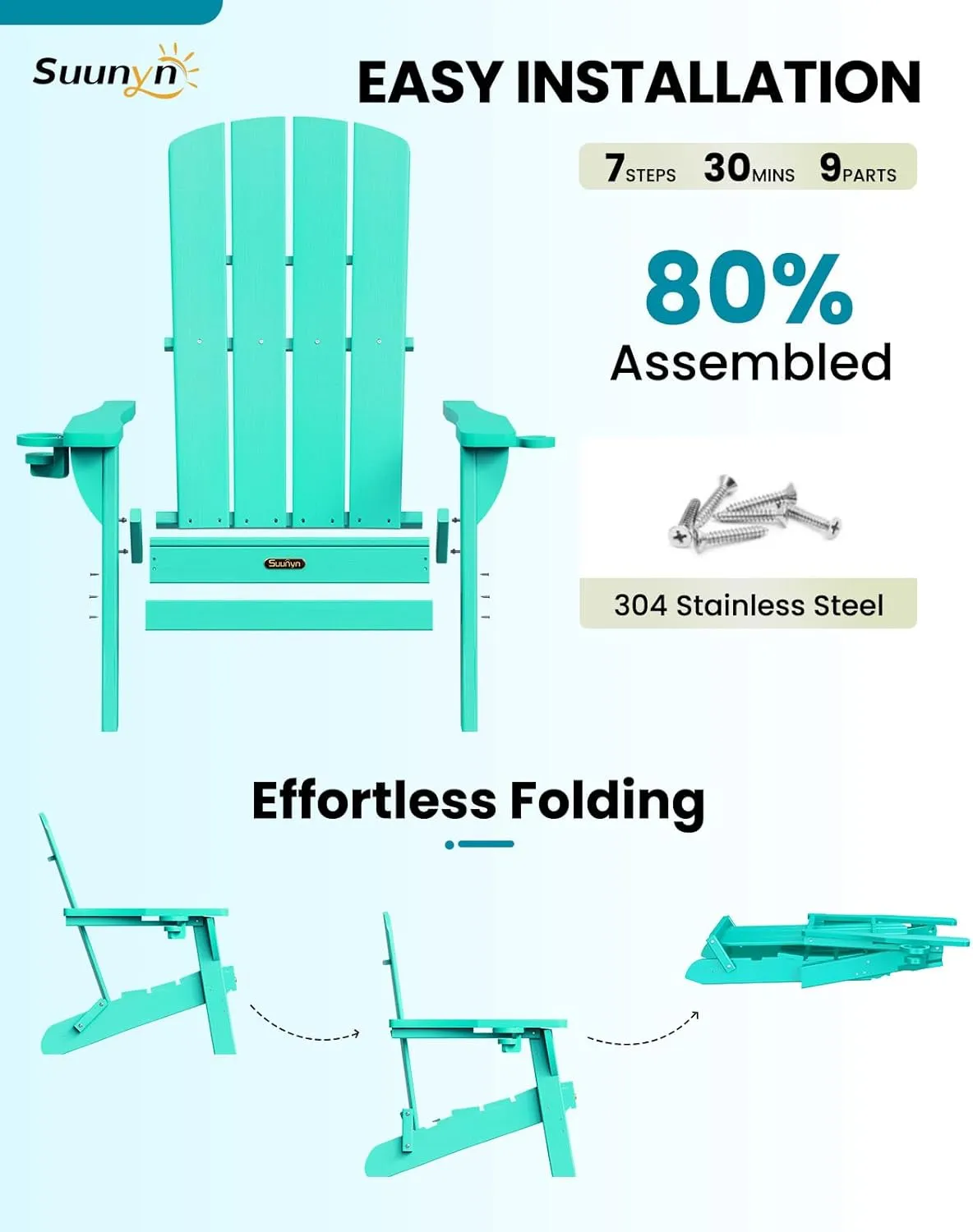 Folding Adirondack Chair, HDPE All-Weather Fire Pit Chairs, Plastic Adirondack Chairs with 2 Cup Holder, Outdoor Lawn Chair for Patio Garden (Lake Blue)