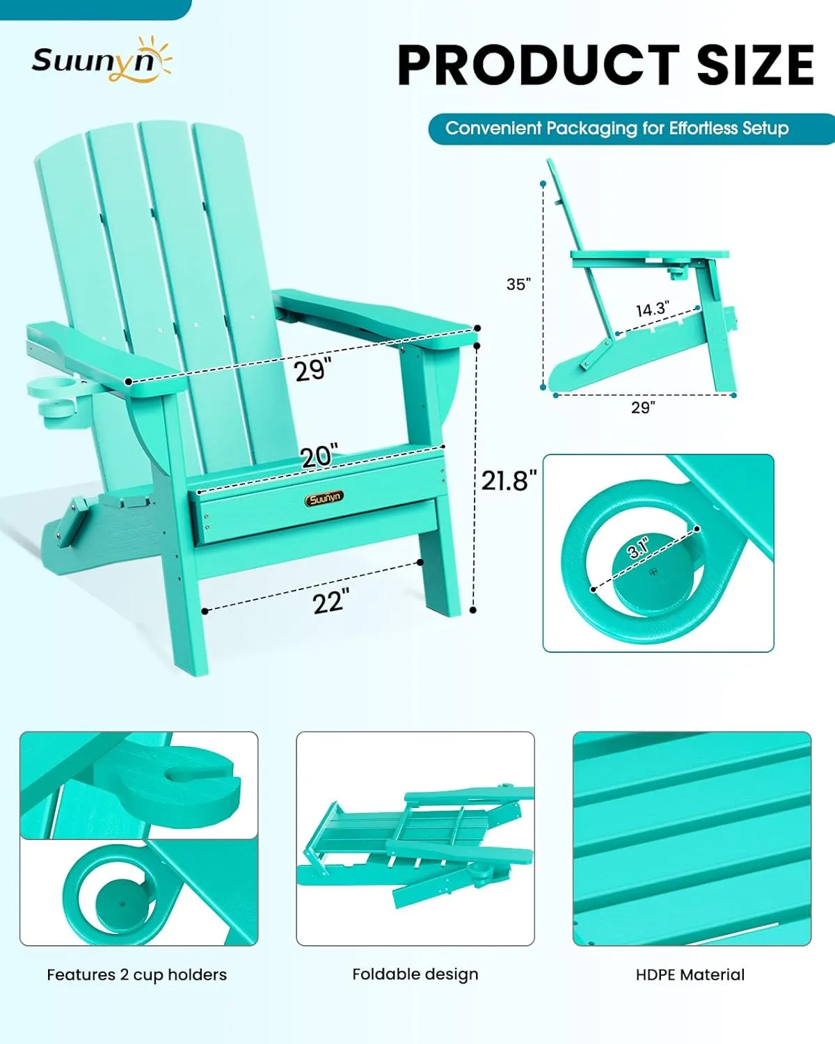 Folding Adirondack Chair, HDPE All-Weather Fire Pit Chairs, Plastic Adirondack Chairs with 2 Cup Holder, Outdoor Lawn Chair for Patio Garden (Lake Blue)