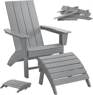 Folding Adirondack Chair with Ottoman Weather Resistant Foldable Fire Pit Chairs with Footrest HDPE Outdoor Adirondack Chair for Patio Front Porch Pool Garden Deck Fire Pit Outside, Light Grey