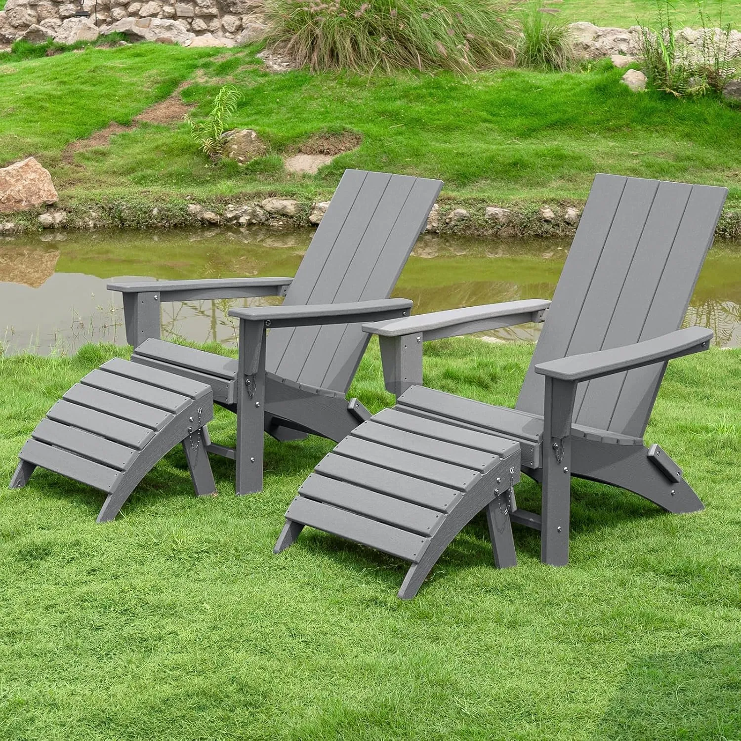 Folding Adirondack Chair with Ottoman Weather Resistant Foldable Fire Pit Chairs with Footrest HDPE Outdoor Adirondack Chair for Patio Front Porch Pool Garden Deck Fire Pit Outside, Light Grey