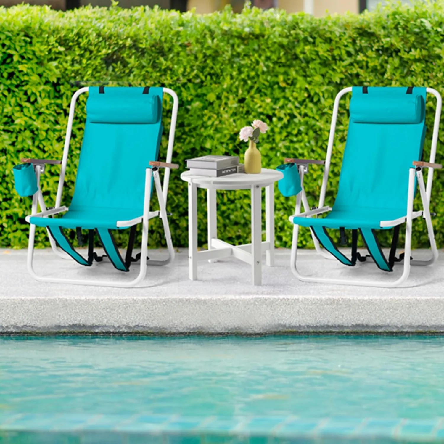 Folding Beach Chair Set of 2 for Adults,4 Position Portable Backpack Foldable Camping Chair with Headrest Cup Holder and Wooden Armrests,Adjustable high Beach Lounge Chairs for Outdoor (1PcsLightBlue)
