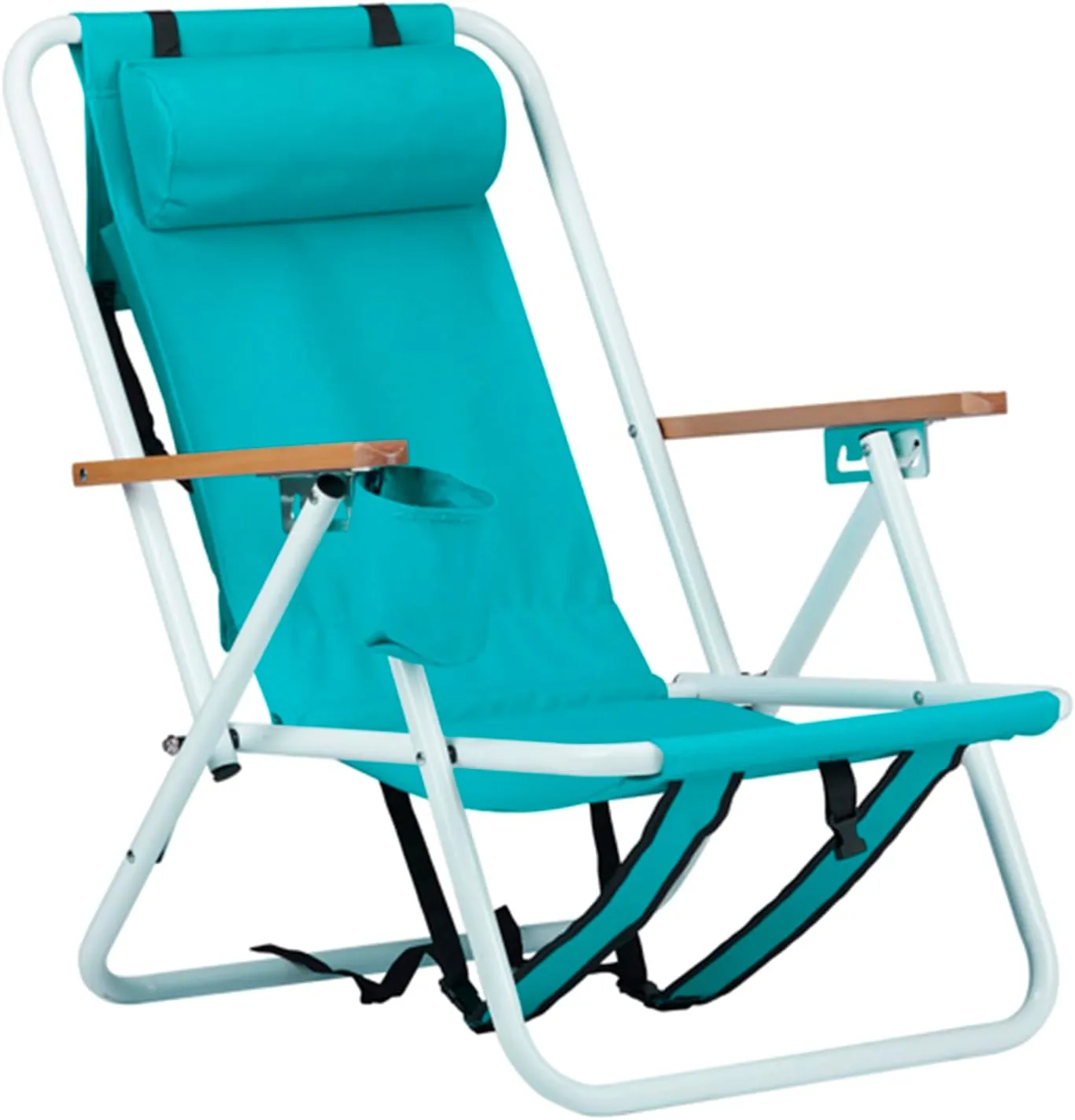 Folding Beach Chair Set of 2 for Adults,4 Position Portable Backpack Foldable Camping Chair with Headrest Cup Holder and Wooden Armrests,Adjustable high Beach Lounge Chairs for Outdoor (1PcsLightBlue)