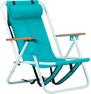 Folding Beach Chair Set of 2 for Adults,4 Position Portable Backpack Foldable Camping Chair with Headrest Cup Holder and Wooden Armrests,Adjustable high Beach Lounge Chairs for Outdoor (1PcsLightBlue)