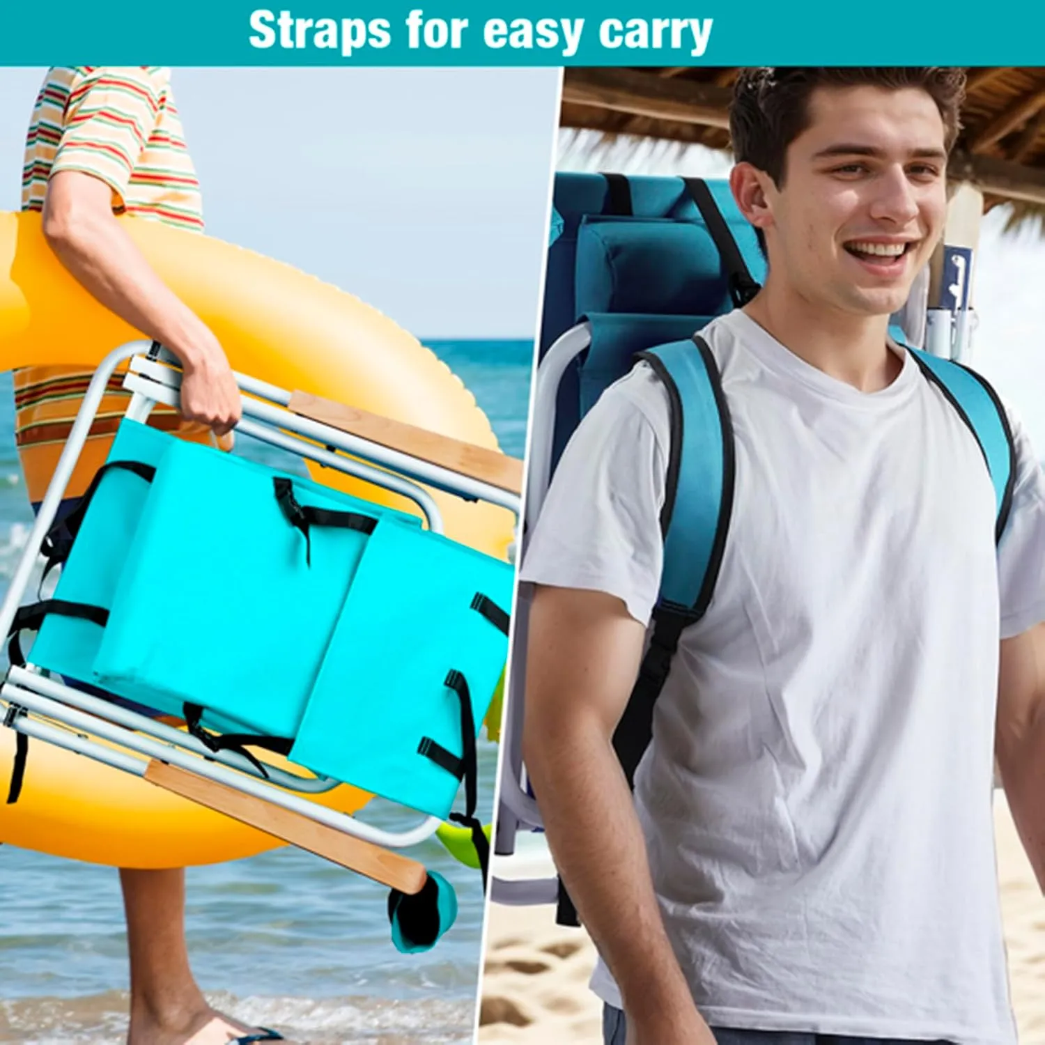 Folding Beach Chair Set of 2 for Adults,4 Position Portable Backpack Foldable Camping Chair with Headrest Cup Holder and Wooden Armrests,Adjustable high Beach Lounge Chairs for Outdoor (1PcsLightBlue)