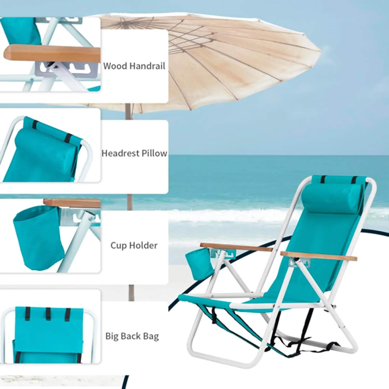 Folding Beach Chair Set of 2 for Adults,4 Position Portable Backpack Foldable Camping Chair with Headrest Cup Holder and Wooden Armrests,Adjustable high Beach Lounge Chairs for Outdoor (1PcsLightBlue)