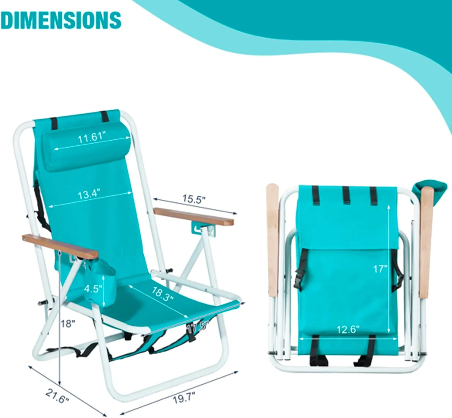Folding Beach Chair Set of 2 for Adults,4 Position Portable Backpack Foldable Camping Chair with Headrest Cup Holder and Wooden Armrests,Adjustable high Beach Lounge Chairs for Outdoor (1PcsLightBlue)