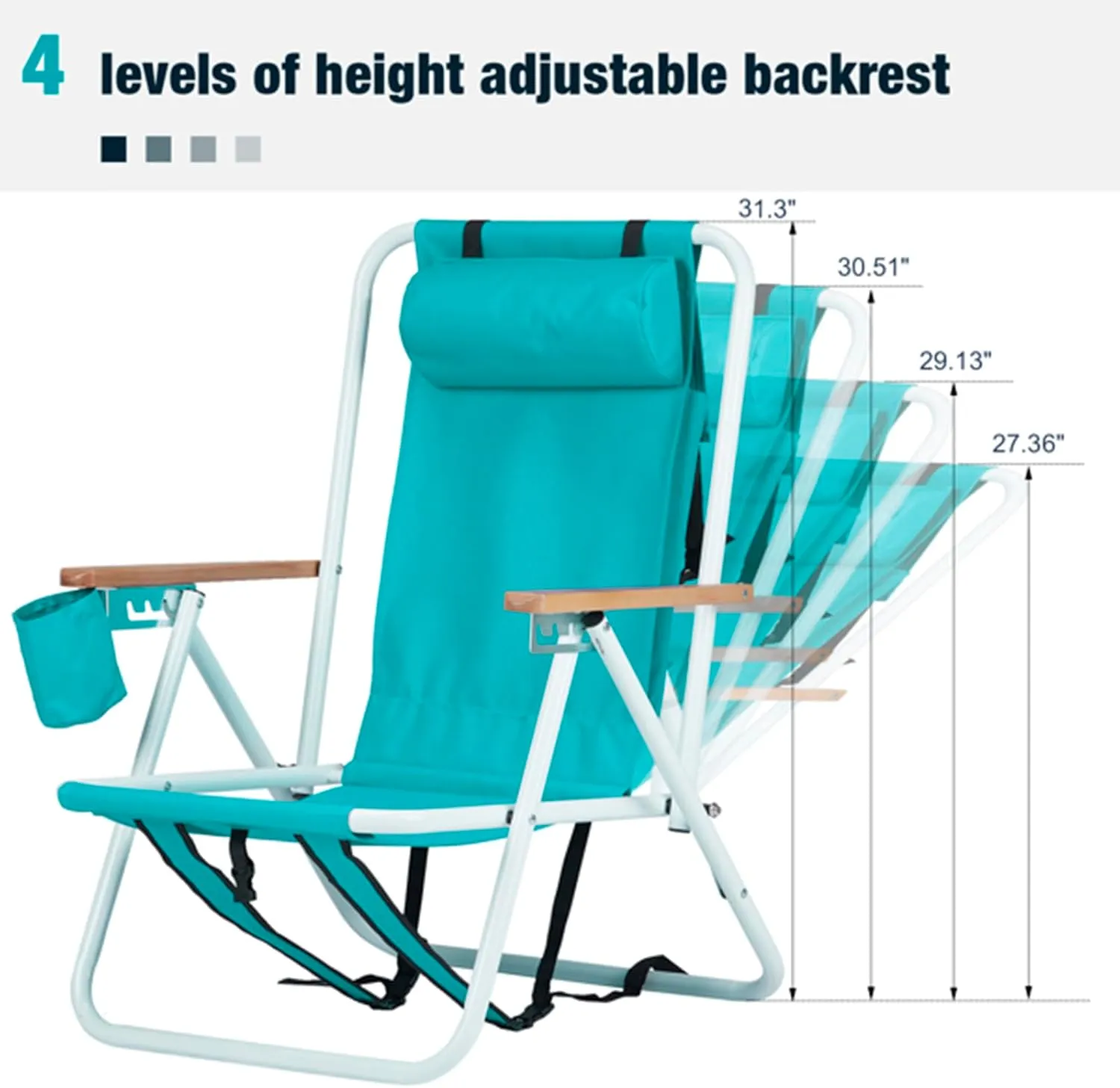 Folding Beach Chair Set of 2 for Adults,4 Position Portable Backpack Foldable Camping Chair with Headrest Cup Holder and Wooden Armrests,Adjustable high Beach Lounge Chairs for Outdoor (1PcsLightBlue)
