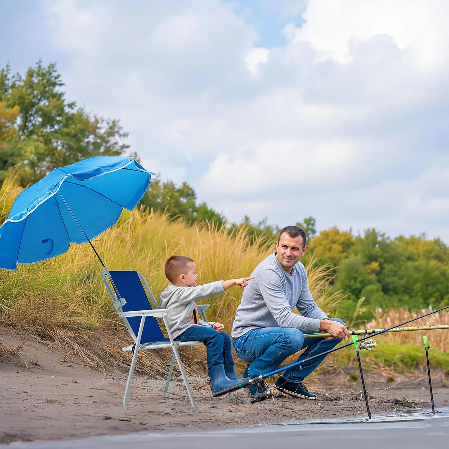 Folding Beach Chair with Umbrella – Portable, Lightweight Lounge Chair for Adults with High Back & Heavy-Duty Frame, UPF Sun Protection for Beach, Camping, Park, Concerts (Blue)