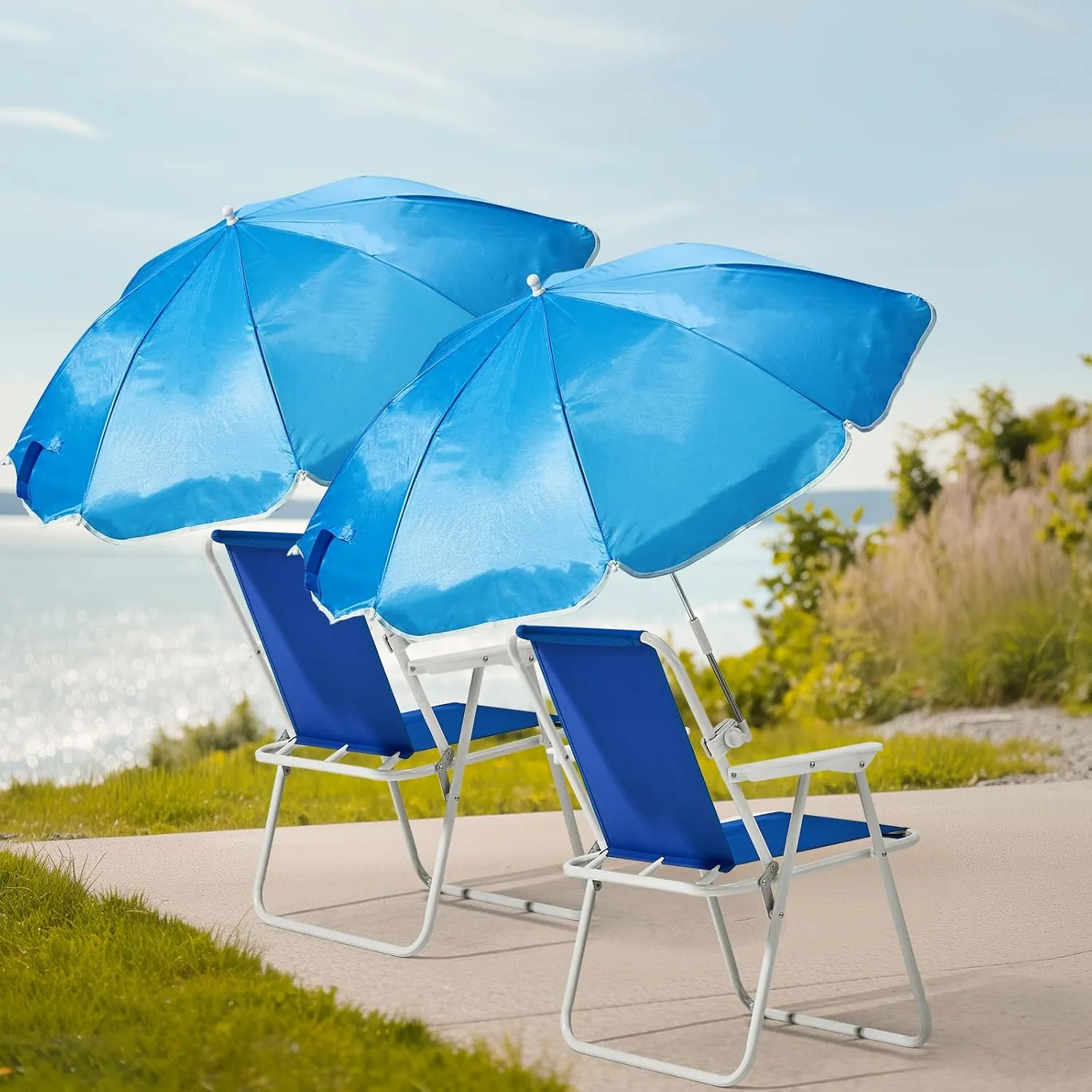 Folding Beach Chair with Umbrella – Portable, Lightweight Lounge Chair for Adults with High Back & Heavy-Duty Frame, UPF Sun Protection for Beach, Camping, Park, Concerts (Blue)