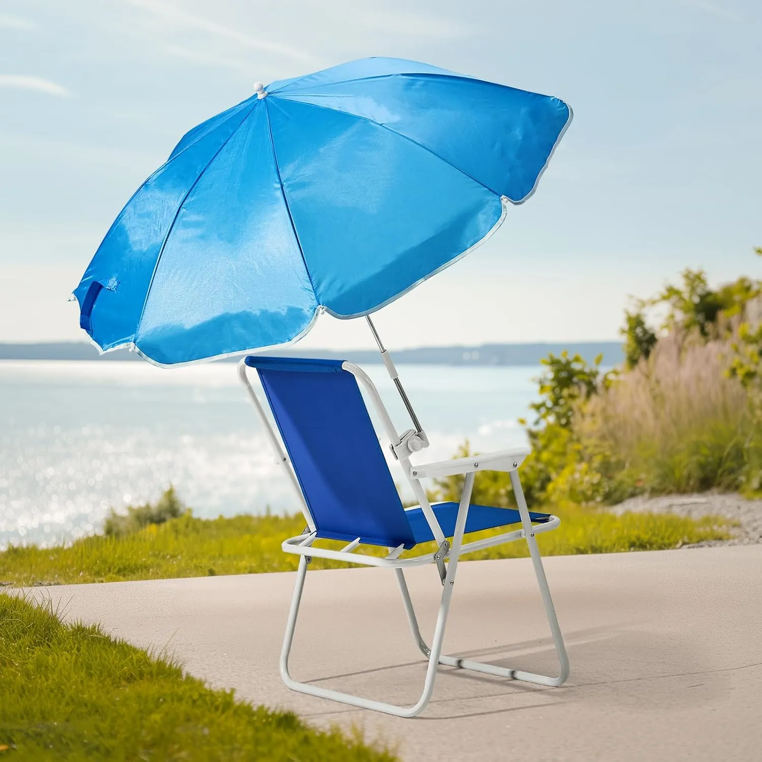 Folding Beach Chair with Umbrella – Portable, Lightweight Lounge Chair for Adults with High Back & Heavy-Duty Frame, UPF Sun Protection for Beach, Camping, Park, Concerts (Blue)
