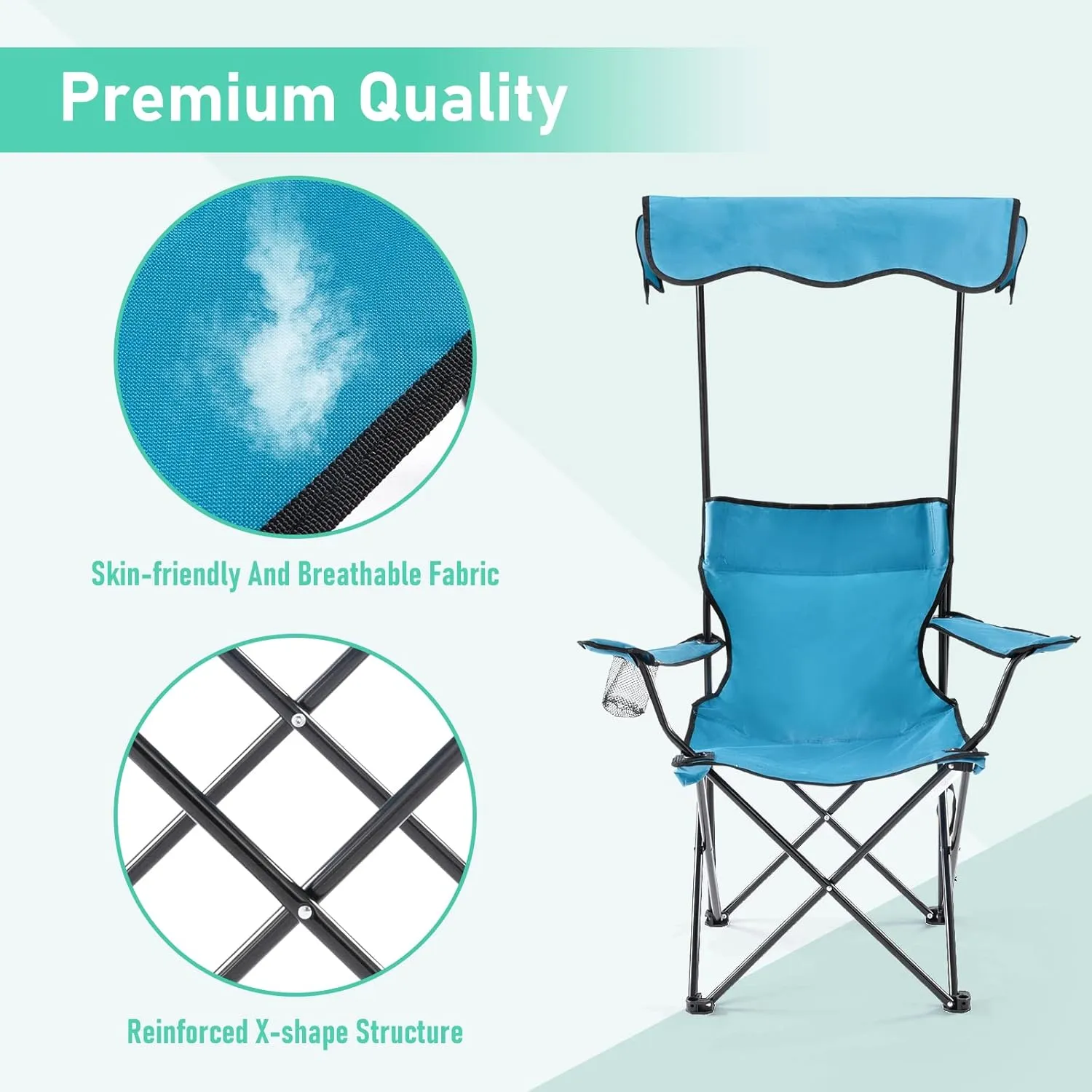 Folding Camping Chair with Canopy Shade for Adults, Portable Beach Chairs with Umbrella Support 330 lbs, Lawn Chair with Cup Holder for Outdoor Fishing Picnic Garden Sports Patio,Blue