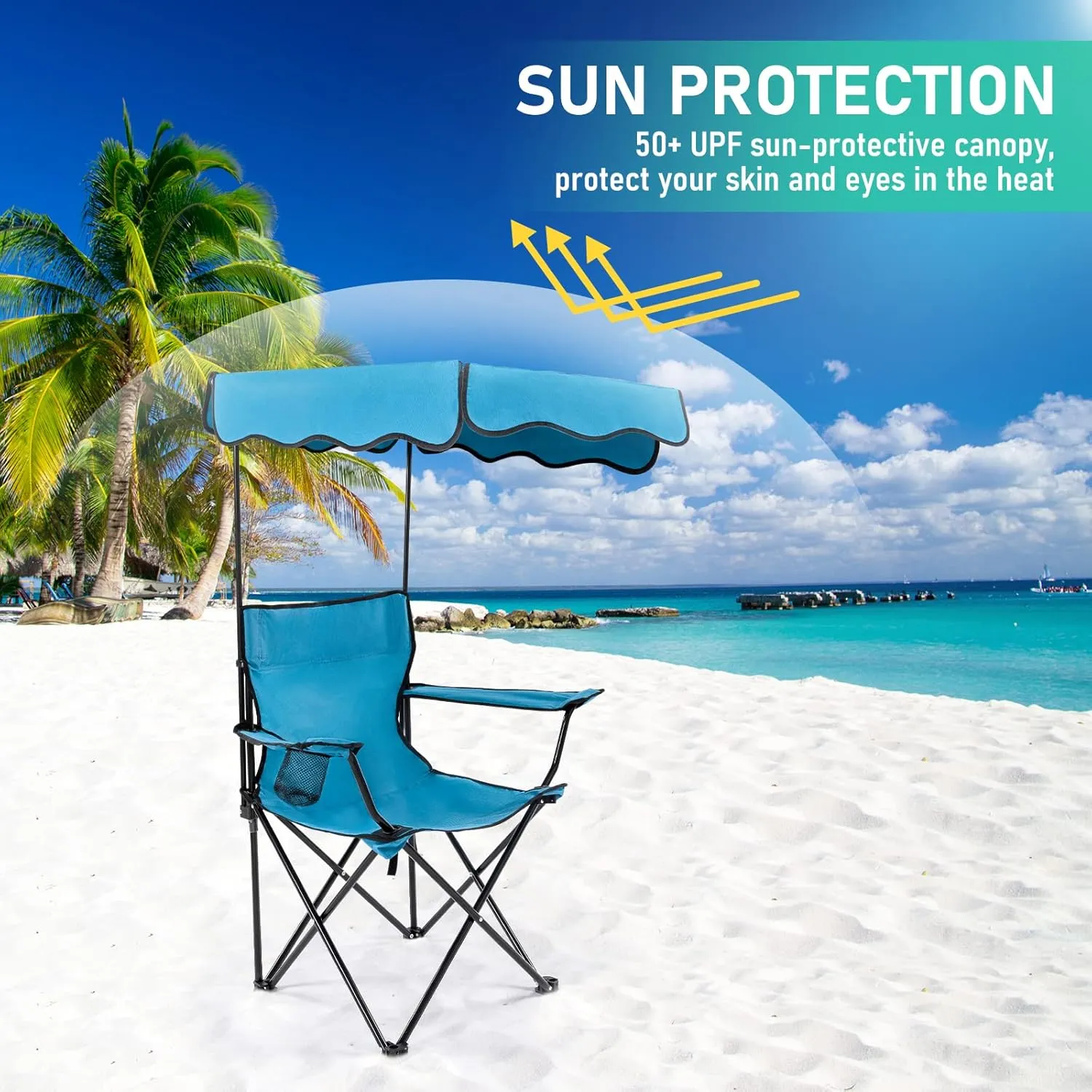 Folding Camping Chair with Canopy Shade for Adults, Portable Beach Chairs with Umbrella Support 330 lbs, Lawn Chair with Cup Holder for Outdoor Fishing Picnic Garden Sports Patio,Blue