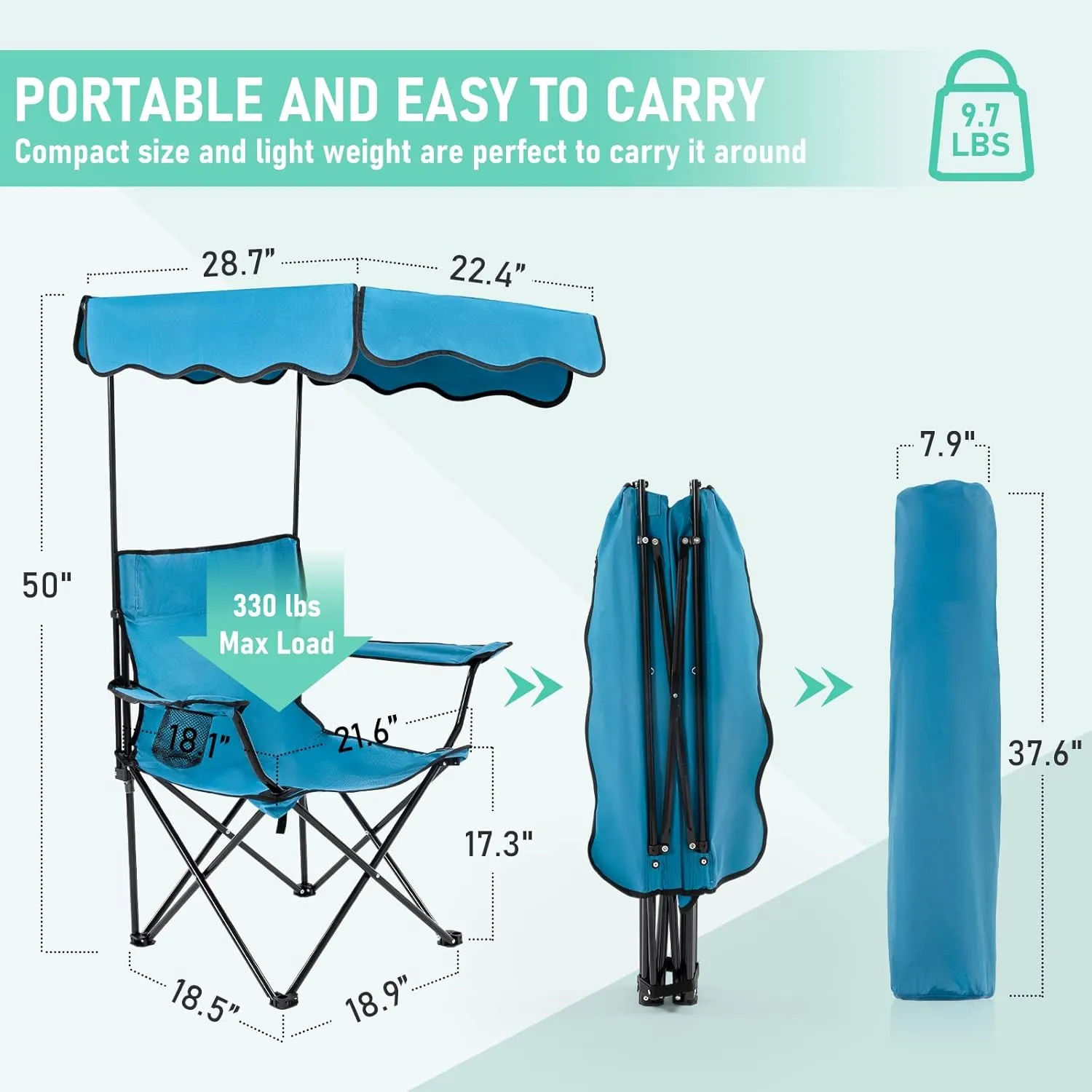 Folding Camping Chair with Canopy Shade for Adults, Portable Beach Chairs with Umbrella Support 330 lbs, Lawn Chair with Cup Holder for Outdoor Fishing Picnic Garden Sports Patio,Blue