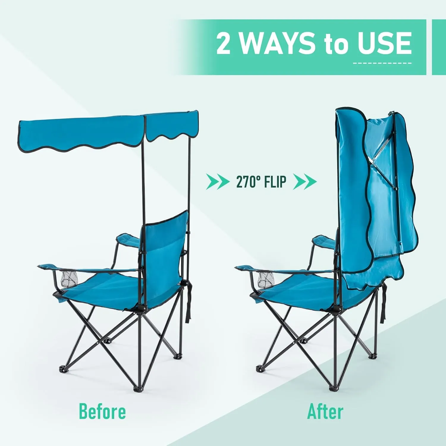 Folding Camping Chair with Canopy Shade for Adults, Portable Beach Chairs with Umbrella Support 330 lbs, Lawn Chair with Cup Holder for Outdoor Fishing Picnic Garden Sports Patio,Blue