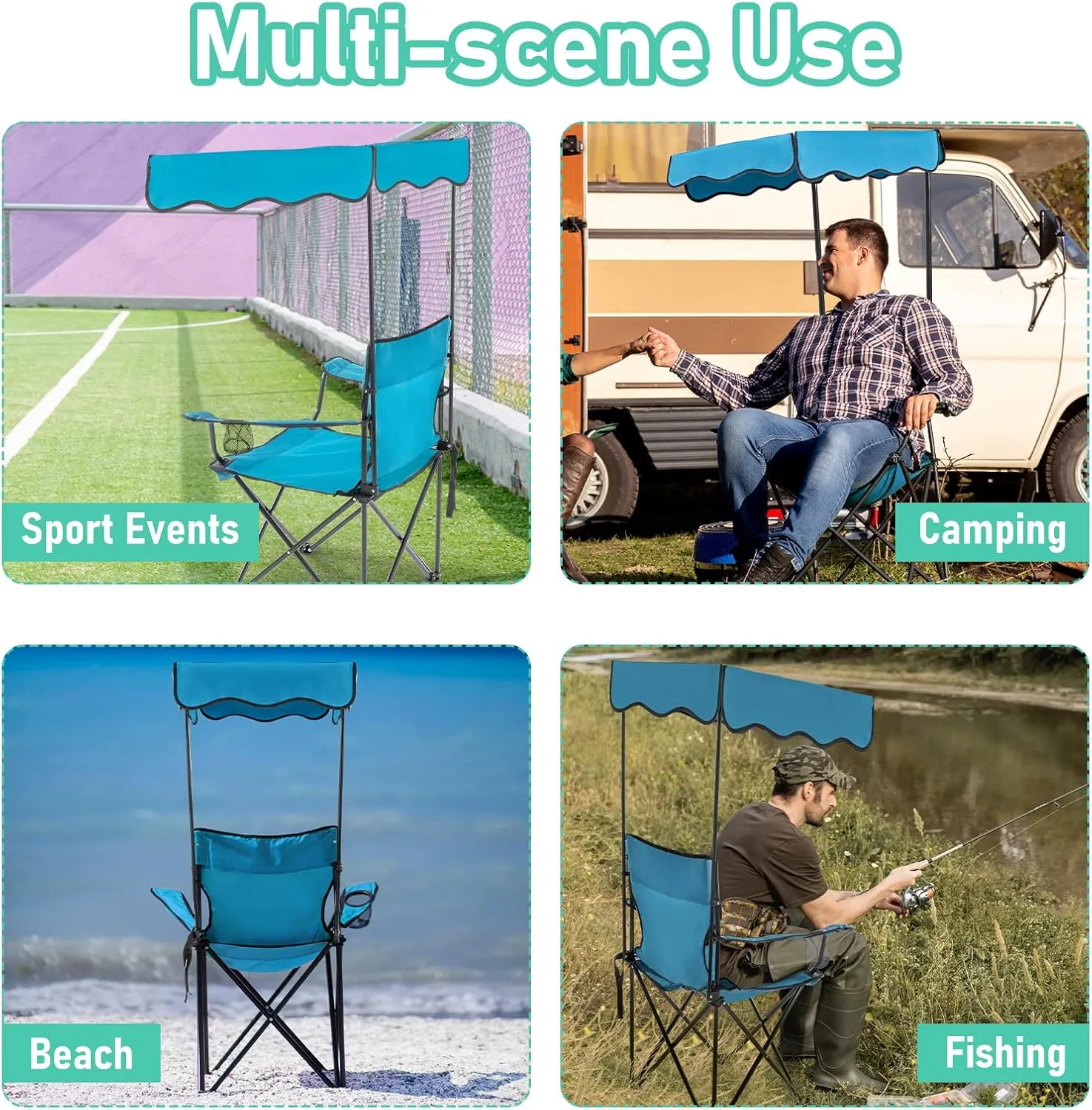 Folding Camping Chair with Canopy Shade for Adults, Portable Beach Chairs with Umbrella Support 330 lbs, Lawn Chair with Cup Holder for Outdoor Fishing Picnic Garden Sports Patio,Blue