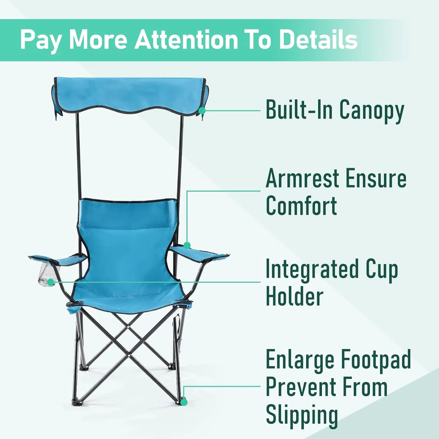 Folding Camping Chair with Canopy Shade for Adults, Portable Beach Chairs with Umbrella Support 330 lbs, Lawn Chair with Cup Holder for Outdoor Fishing Picnic Garden Sports Patio,Blue