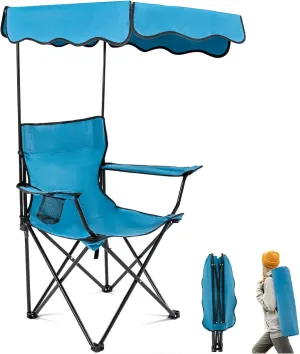 Folding Camping Chair with Canopy Shade for Adults, Portable Beach Chairs with Umbrella Support 330 lbs, Lawn Chair with Cup Holder for Outdoor Fishing Picnic Garden Sports Patio,Blue
