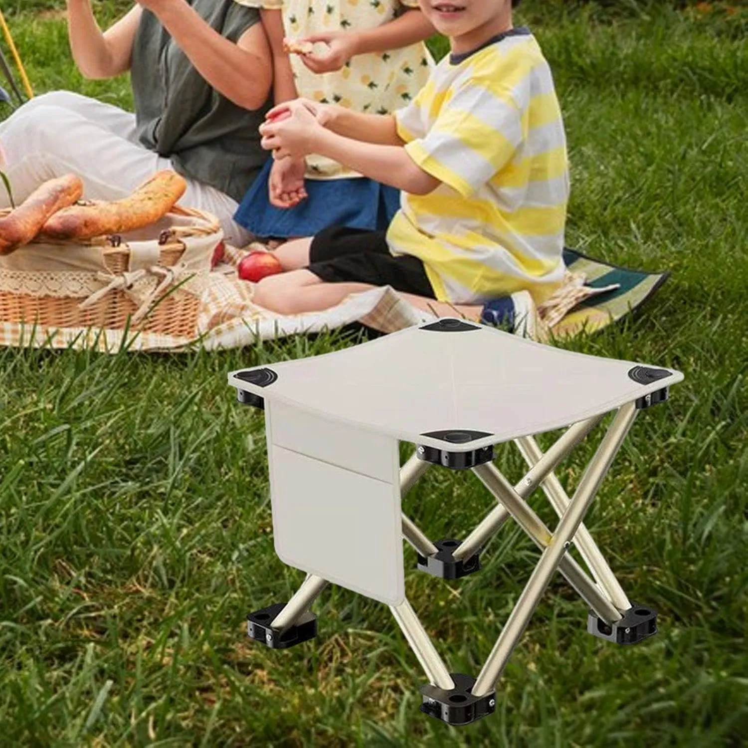 Folding Camping Stool with Side Pocket Sturdy Strong Load Bearing Foot Stool Small Foldable Chair for Backpacking Patio Lawn, White, 33cmx33cmx32cm