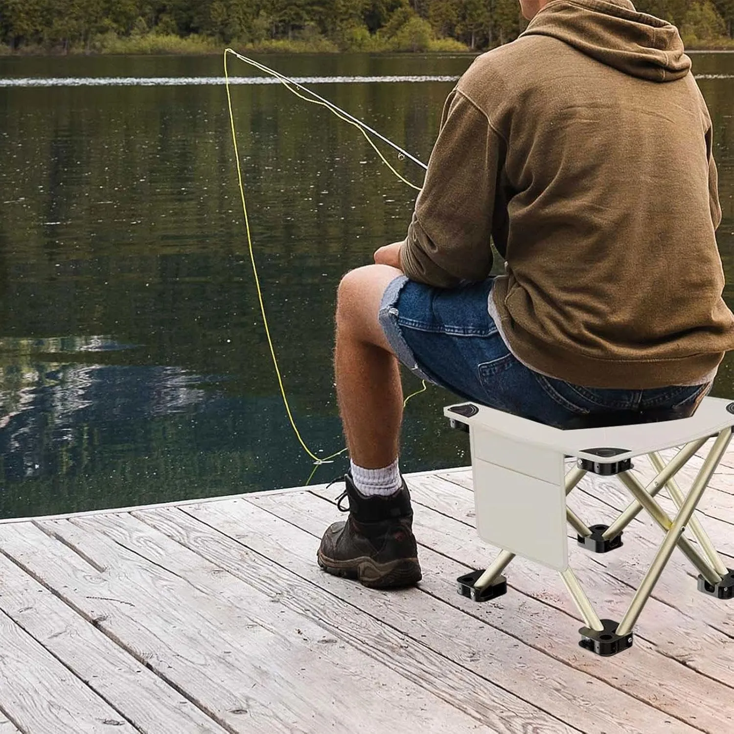 Folding Camping Stool with Side Pocket Sturdy Strong Load Bearing Foot Stool Small Foldable Chair for Backpacking Patio Lawn, White, 33cmx33cmx32cm