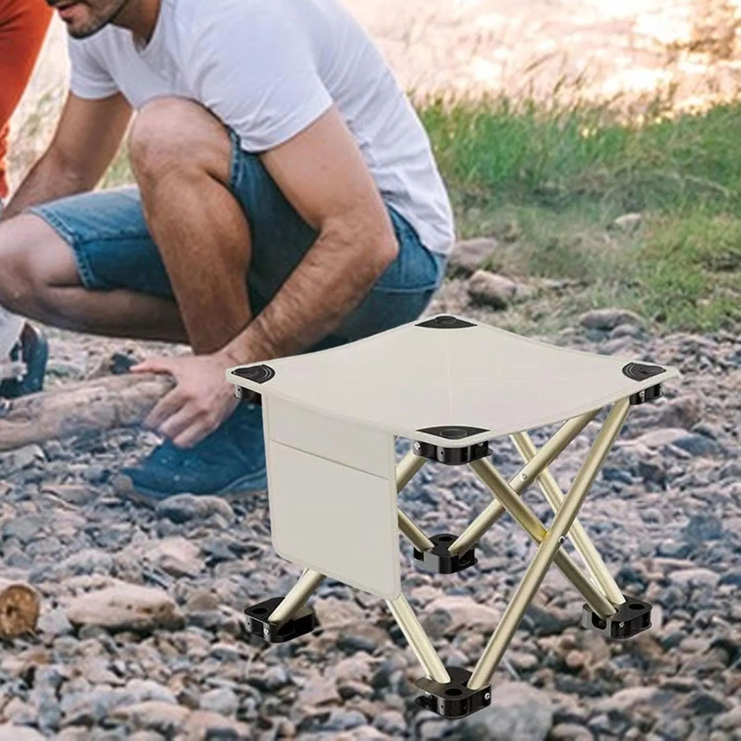 Folding Camping Stool with Side Pocket Sturdy Strong Load Bearing Foot Stool Small Foldable Chair for Backpacking Patio Lawn, White, 33cmx33cmx32cm