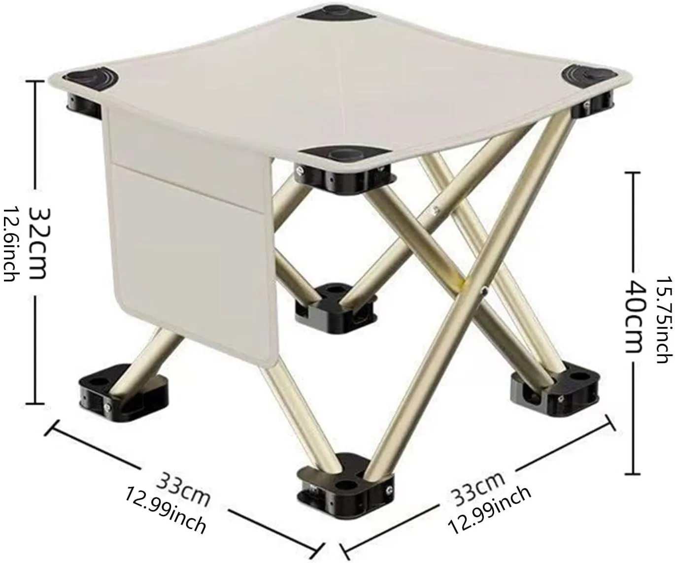 Folding Camping Stool with Side Pocket Sturdy Strong Load Bearing Foot Stool Small Foldable Chair for Backpacking Patio Lawn, White, 33cmx33cmx32cm