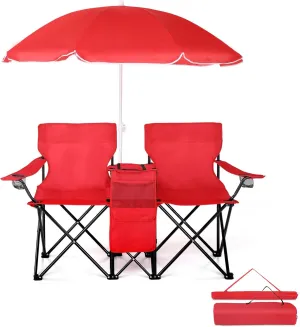 Folding Double Camping Chair w/Umbrella Beverage Holder Carrying Bag Cooler Fold Up Table, Large Bearing Capacity for Beach Patio Pool Park Outdoor (Red)