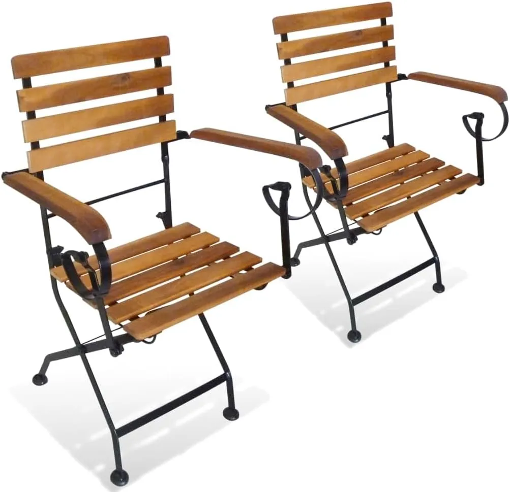 Folding Patio Chairs 2-Pack Solid Acacia Wood and Steel Outdoor Furniture Brown Foldable Garden Chairs for Poolside, Camping, Beach, Lawn, Backyard