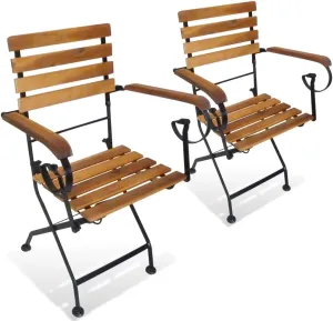Folding Patio Chairs 2-Pack Solid Acacia Wood and Steel Outdoor Furniture Brown Foldable Garden Chairs for Poolside, Camping, Beach, Lawn, Backyard