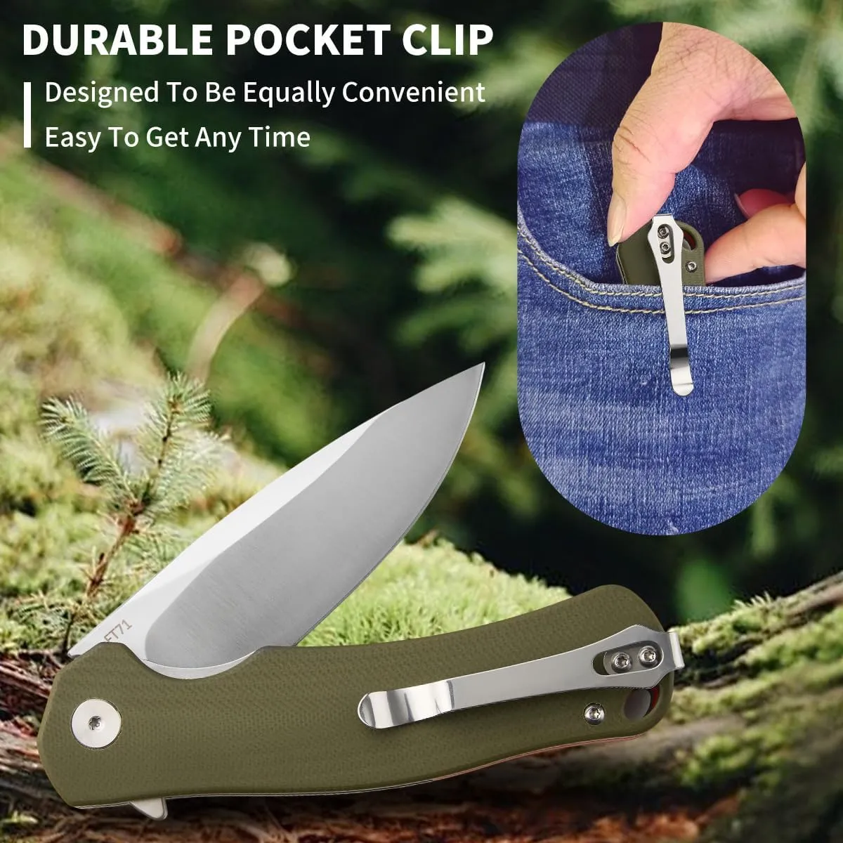 Folding Pocket Knife, 3.35" D2 Steel Blade G10 Handle Compact EDC Knife with Pocket Clip for Men Women, Sharp Camping Fishing Survival Hiking Knives, Men's Gift (Green Handle Sanding Blade)