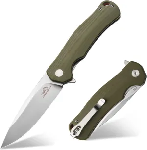Folding Pocket Knife, 3.35" D2 Steel Blade G10 Handle Compact EDC Knife with Pocket Clip for Men Women, Sharp Camping Fishing Survival Hiking Knives, Men's Gift (Green Handle Sanding Blade)