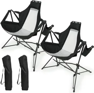 Folding Portable Hammock Camping Chair with Adjustable Back and Cup Holder, Compact Outdoor Recliner, Black (2pcs)