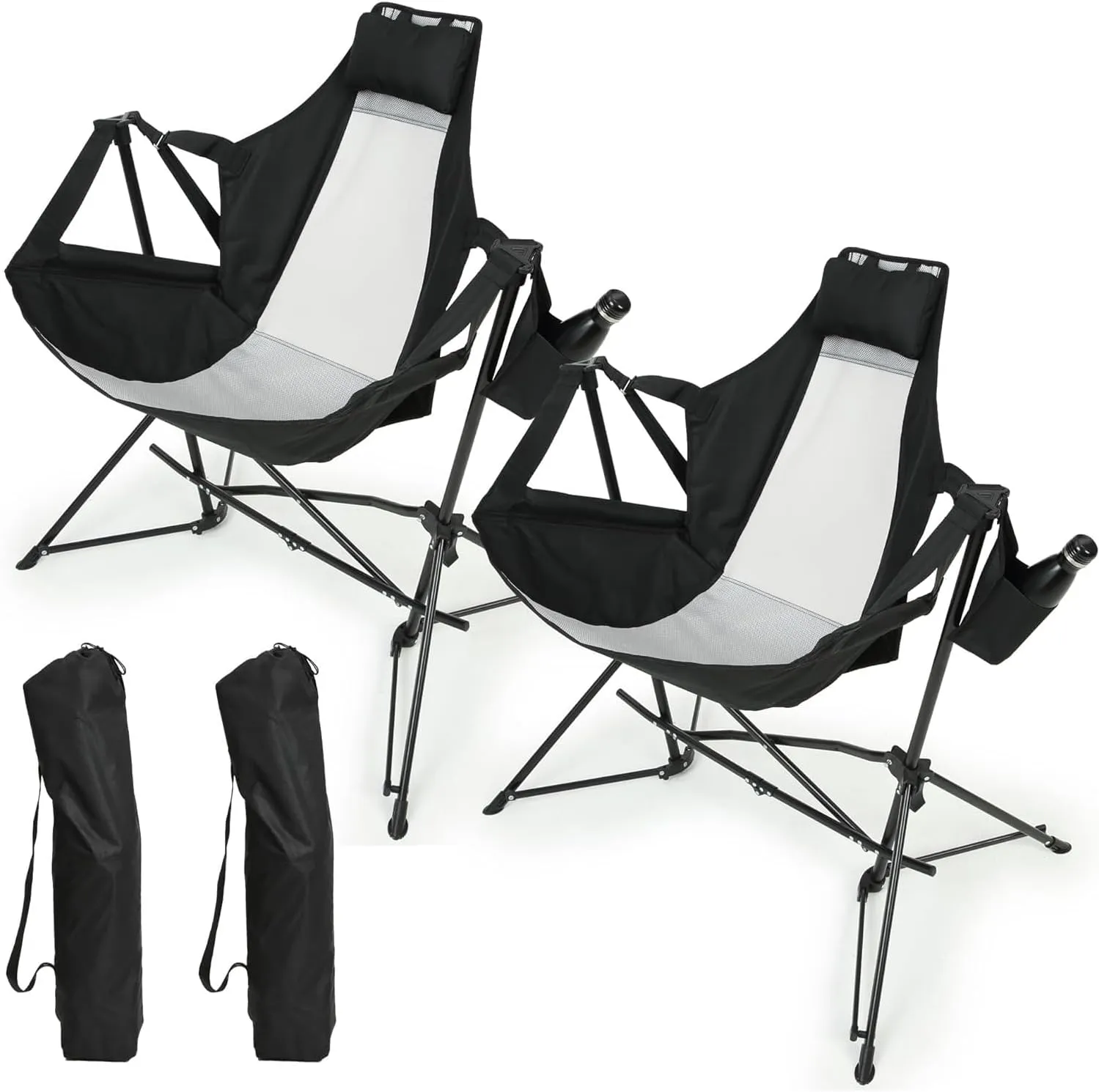 Folding Portable Hammock Camping Chair with Adjustable Back and Cup Holder, Compact Outdoor Recliner, Black (2pcs)