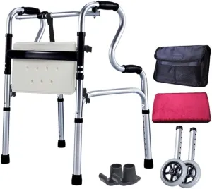 Folding Rollator Wheeled Folding Rollator Walker - Adjustable Height Shower Chair with Reversible Pad and Cotton Cover,Transport Trolley with Carry Bag and Ski Mat,Mobility Aid for Elderly Handicap