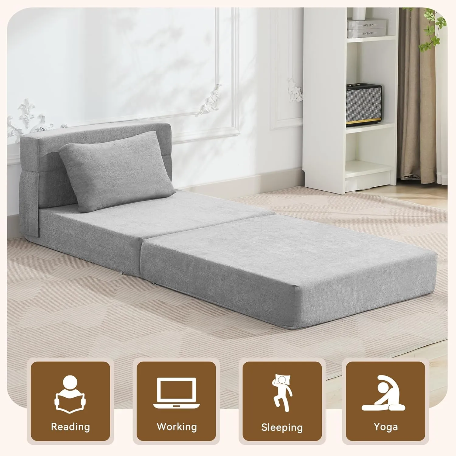 Folding Sofa Bed Convertible Floor Couch Foldable Chair Bed with Pillow，Linen Sleeper Chair Futon,Foldable Memory Foam Mattress for Bedroom/Living Room/Dorm/Office (Light Grey, Single)