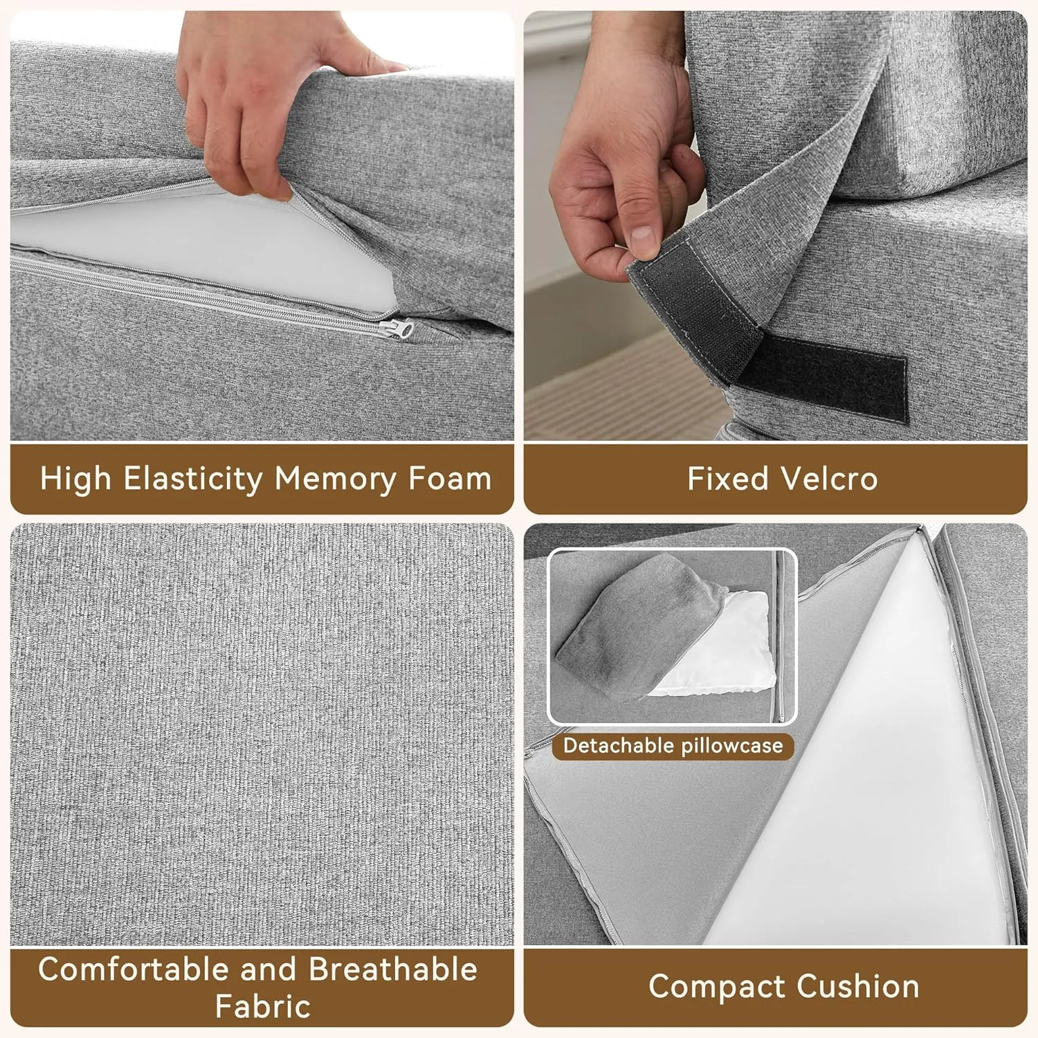 Folding Sofa Bed Convertible Floor Couch Foldable Chair Bed with Pillow，Linen Sleeper Chair Futon,Foldable Memory Foam Mattress for Bedroom/Living Room/Dorm/Office (Light Grey, Single)