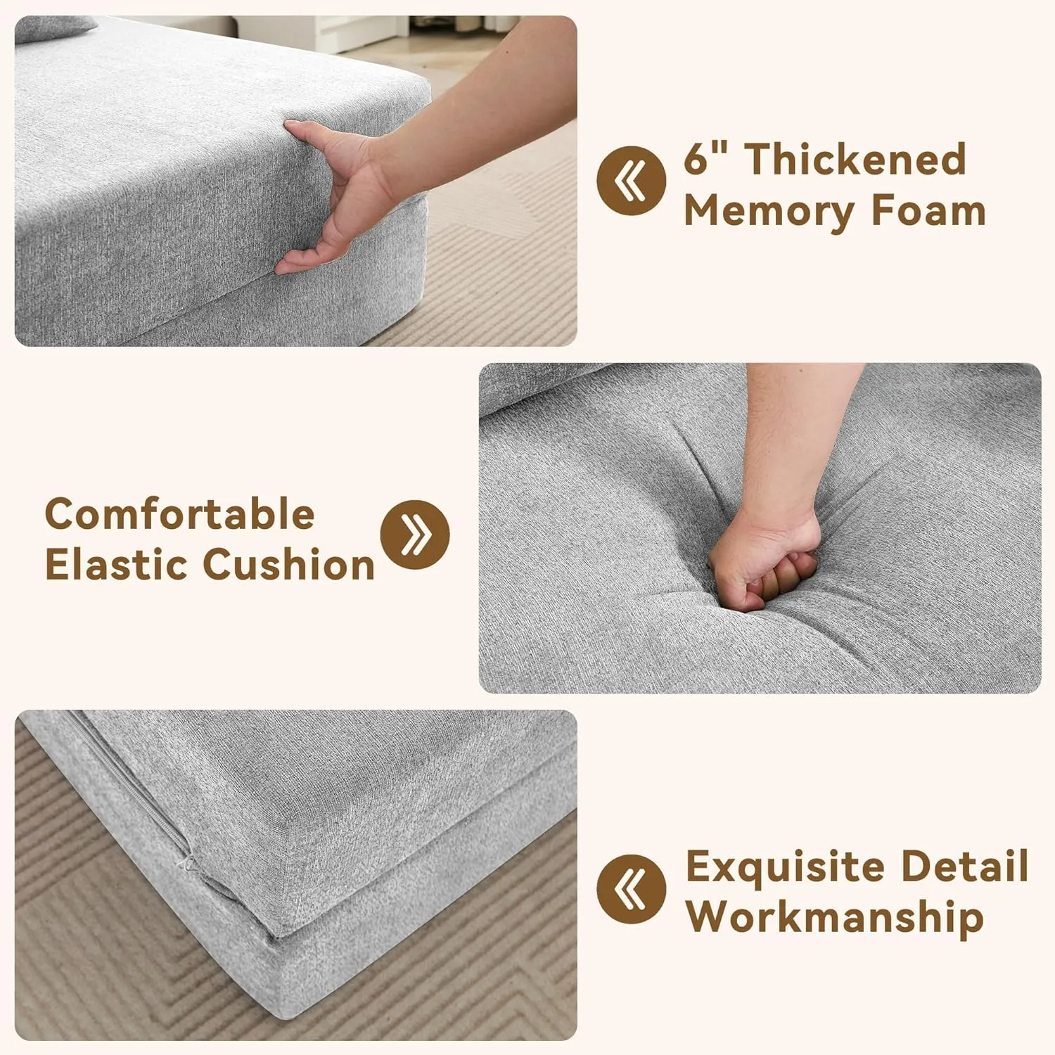 Folding Sofa Bed Convertible Floor Couch Foldable Chair Bed with Pillow，Linen Sleeper Chair Futon,Foldable Memory Foam Mattress for Bedroom/Living Room/Dorm/Office (Light Grey, Single)