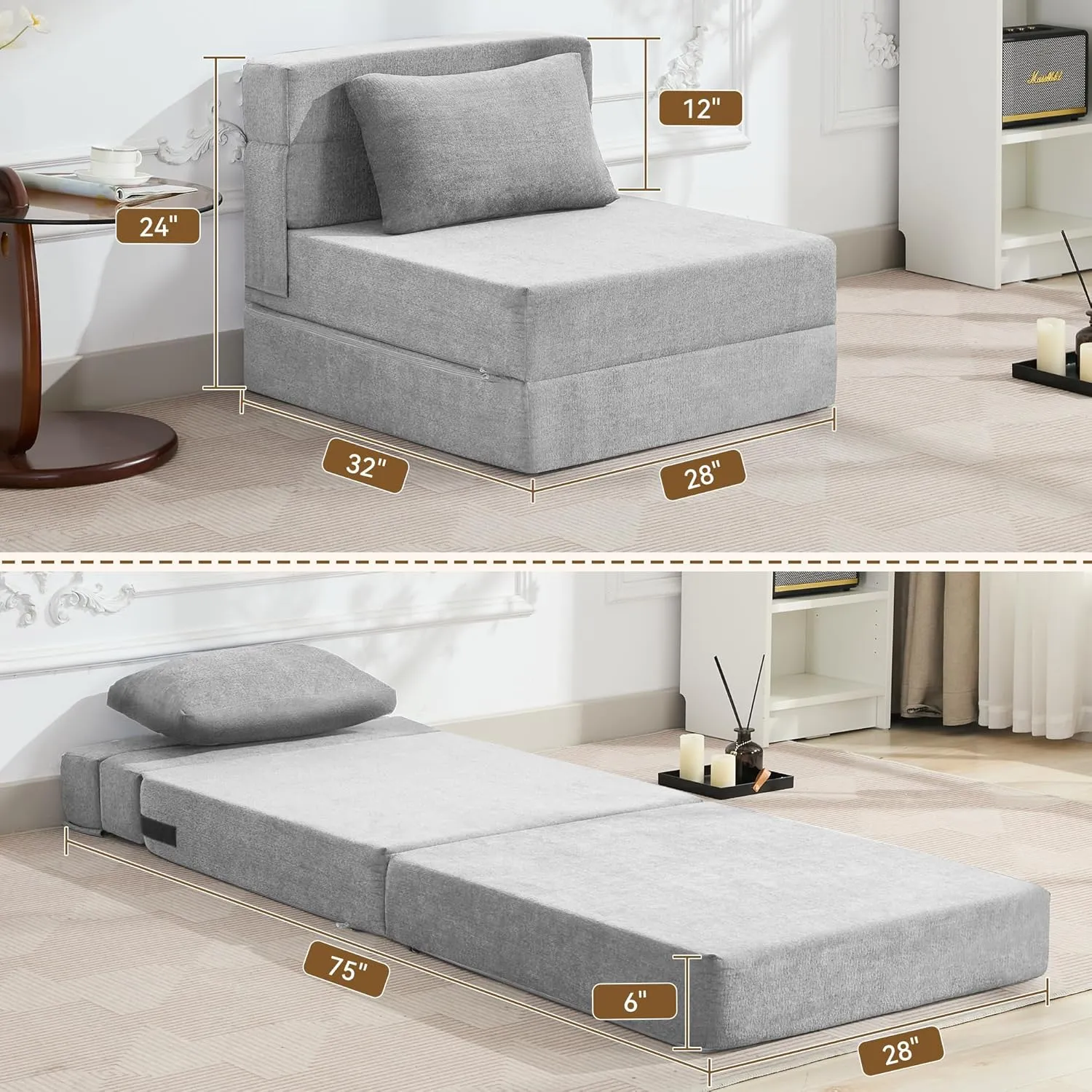 Folding Sofa Bed Convertible Floor Couch Foldable Chair Bed with Pillow，Linen Sleeper Chair Futon,Foldable Memory Foam Mattress for Bedroom/Living Room/Dorm/Office (Light Grey, Single)