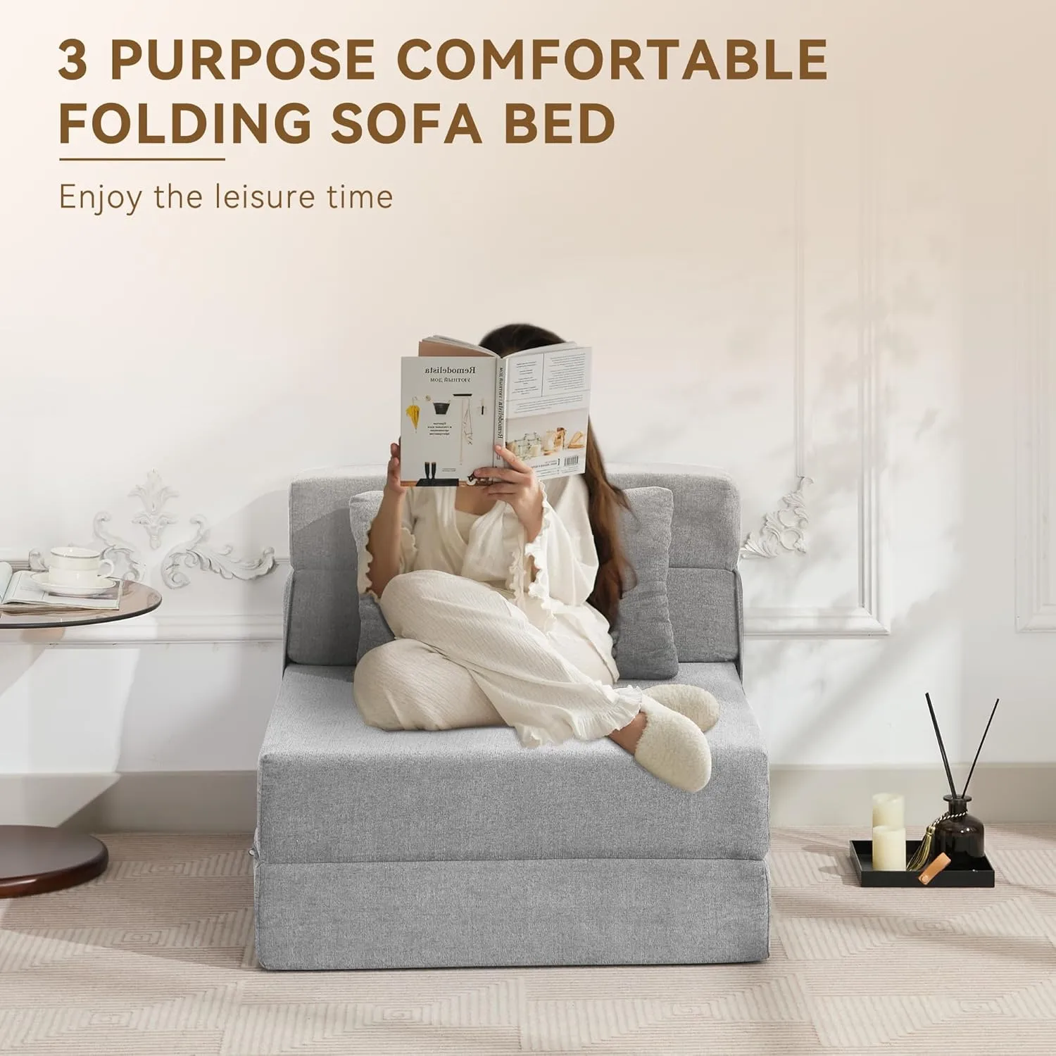 Folding Sofa Bed Convertible Floor Couch Foldable Chair Bed with Pillow，Linen Sleeper Chair Futon,Foldable Memory Foam Mattress for Bedroom/Living Room/Dorm/Office (Light Grey, Single)