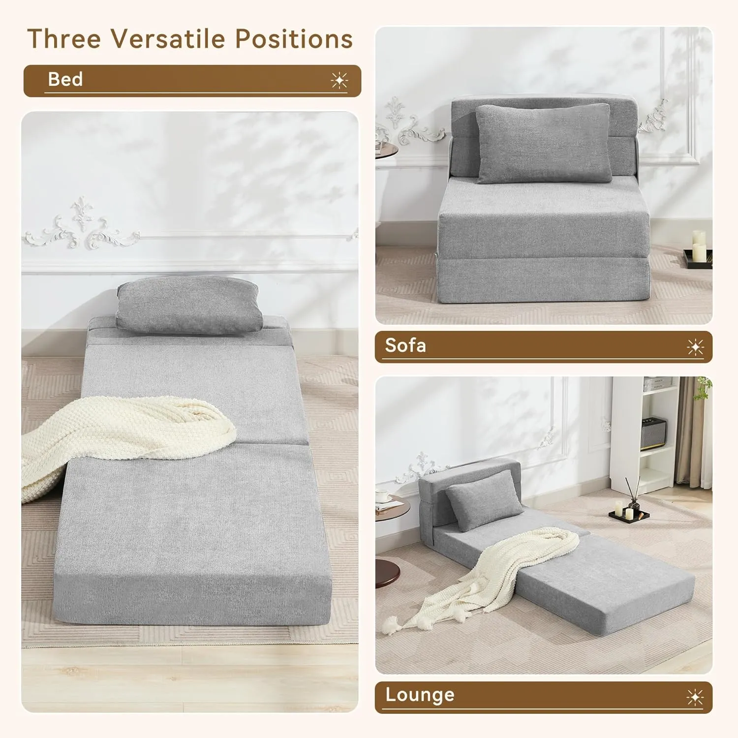 Folding Sofa Bed Convertible Floor Couch Foldable Chair Bed with Pillow，Linen Sleeper Chair Futon,Foldable Memory Foam Mattress for Bedroom/Living Room/Dorm/Office (Light Grey, Single)
