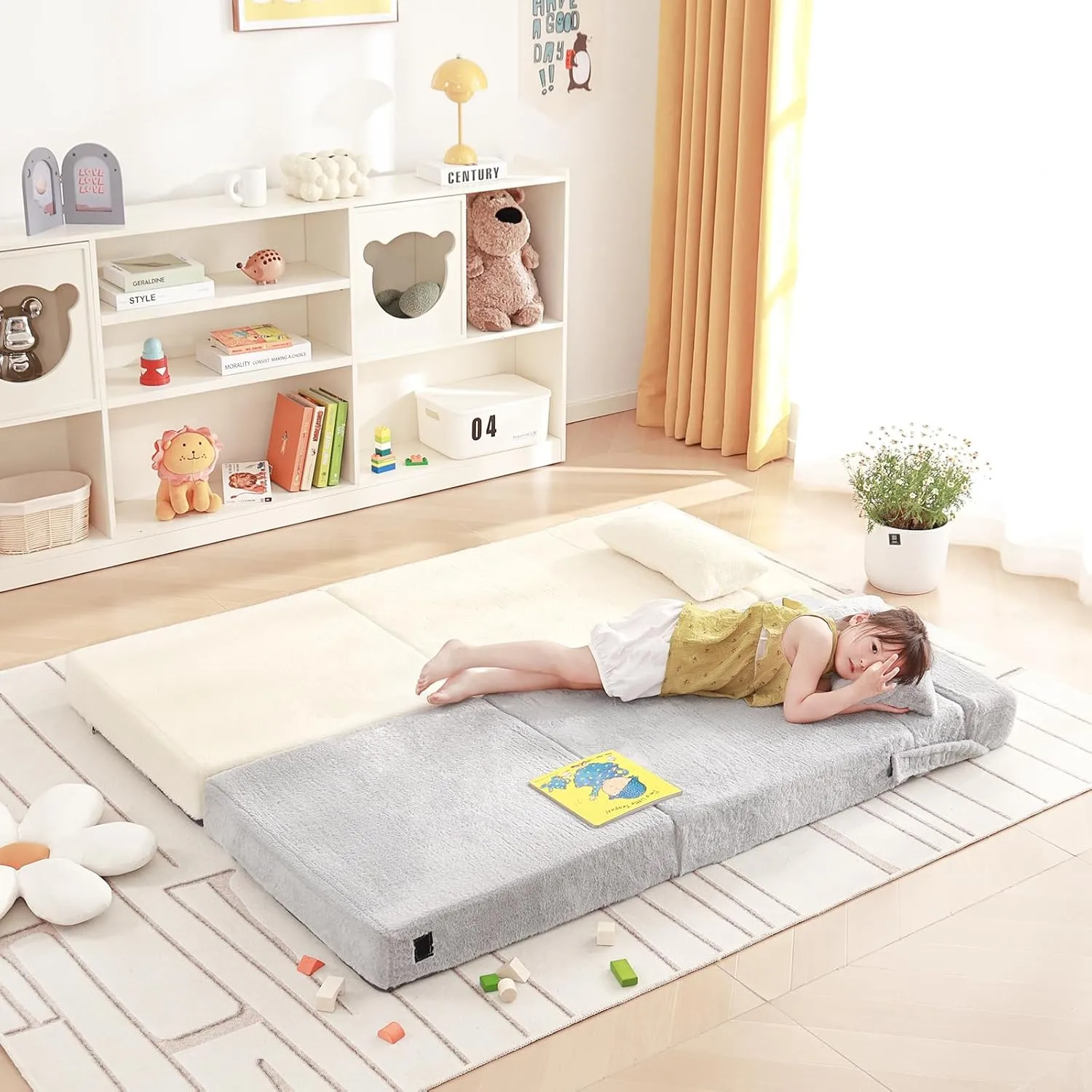 Folding Sofa Bed Floor Mattress for Kids with Pillow, Toddler Washable Folding Floor Nap Mat for Sleeping Daycare, Child Fold Up Sofa Futon Folding Chair Bed with Storage Bag for Girls and Boys