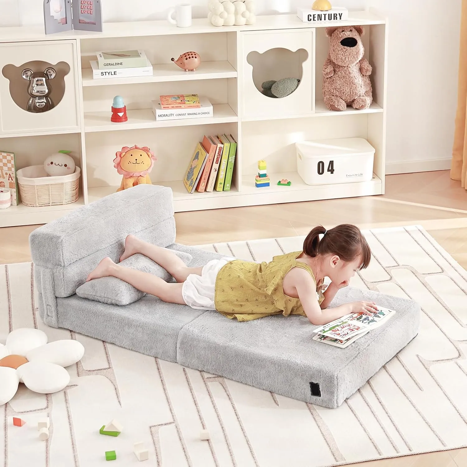 Folding Sofa Bed Floor Mattress for Kids with Pillow, Toddler Washable Folding Floor Nap Mat for Sleeping Daycare, Child Fold Up Sofa Futon Folding Chair Bed with Storage Bag for Girls and Boys