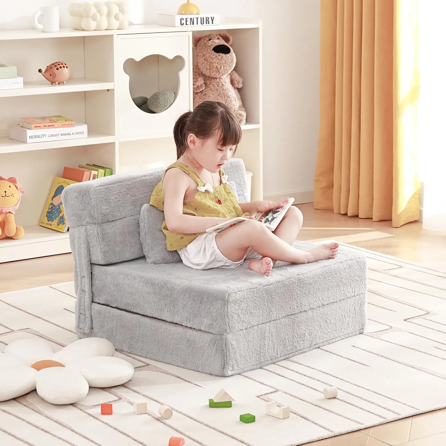 Folding Sofa Bed Floor Mattress for Kids with Pillow, Toddler Washable Folding Floor Nap Mat for Sleeping Daycare, Child Fold Up Sofa Futon Folding Chair Bed with Storage Bag for Girls and Boys