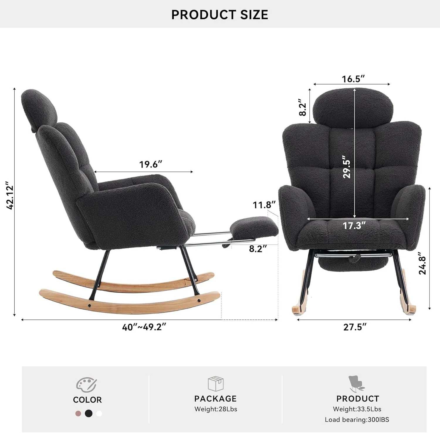FOXHUNTER Rocking Chair Nursery, Teddy Glider Rocker with Adjustable Headrest and Footrest, Upholstered Rocker Recliner Chair for Living Rooms Bedrooms Offices, Teddy Dark Gray