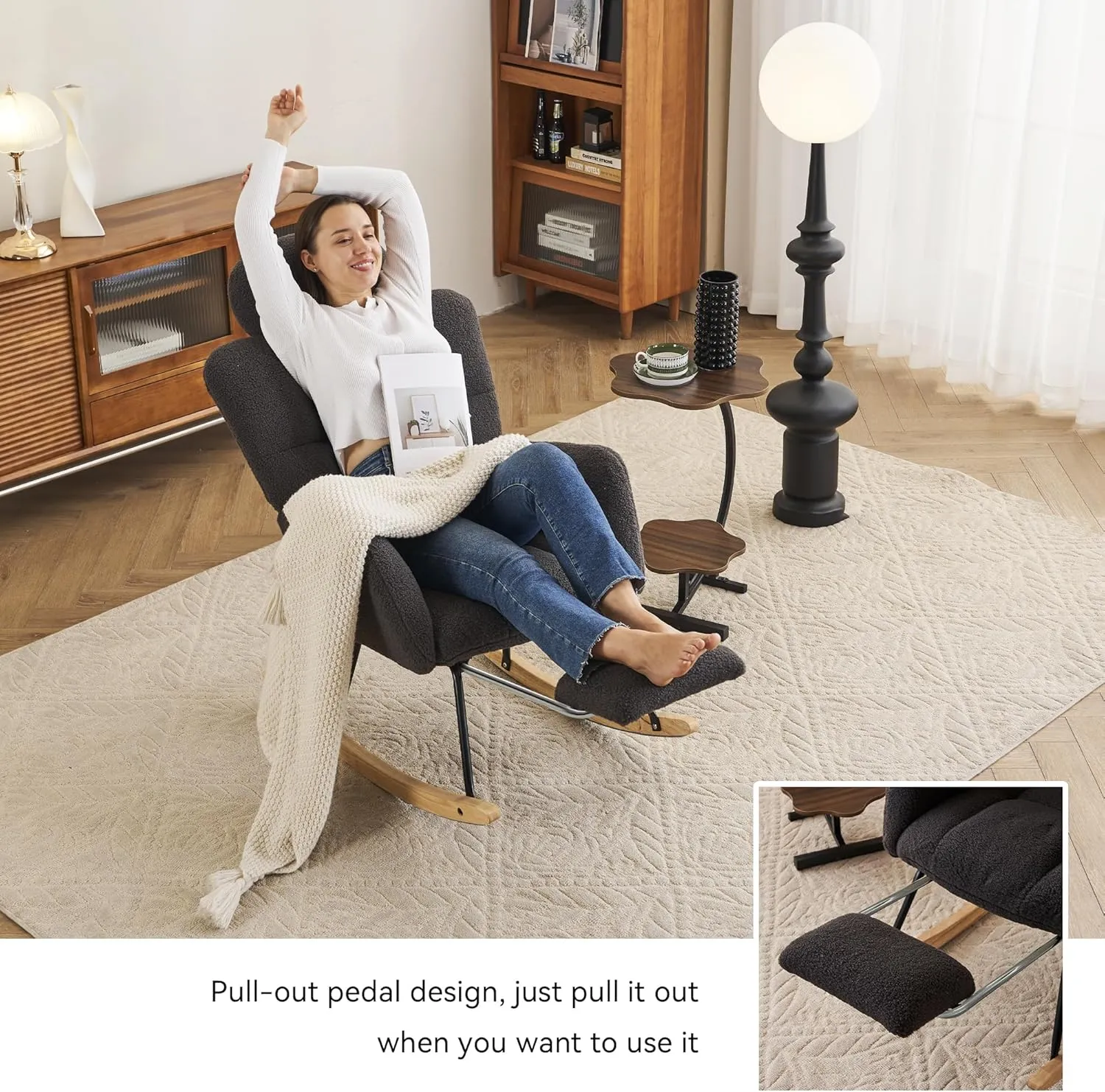FOXHUNTER Rocking Chair Nursery, Teddy Glider Rocker with Adjustable Headrest and Footrest, Upholstered Rocker Recliner Chair for Living Rooms Bedrooms Offices, Teddy Dark Gray