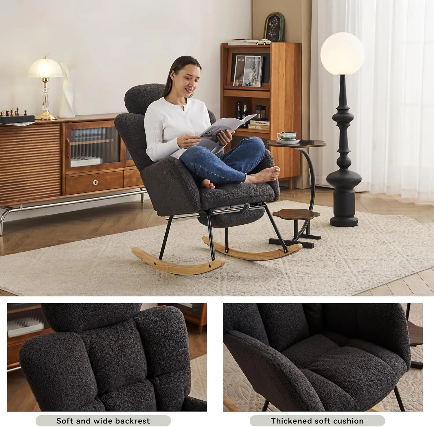 FOXHUNTER Rocking Chair Nursery, Teddy Glider Rocker with Adjustable Headrest and Footrest, Upholstered Rocker Recliner Chair for Living Rooms Bedrooms Offices, Teddy Dark Gray